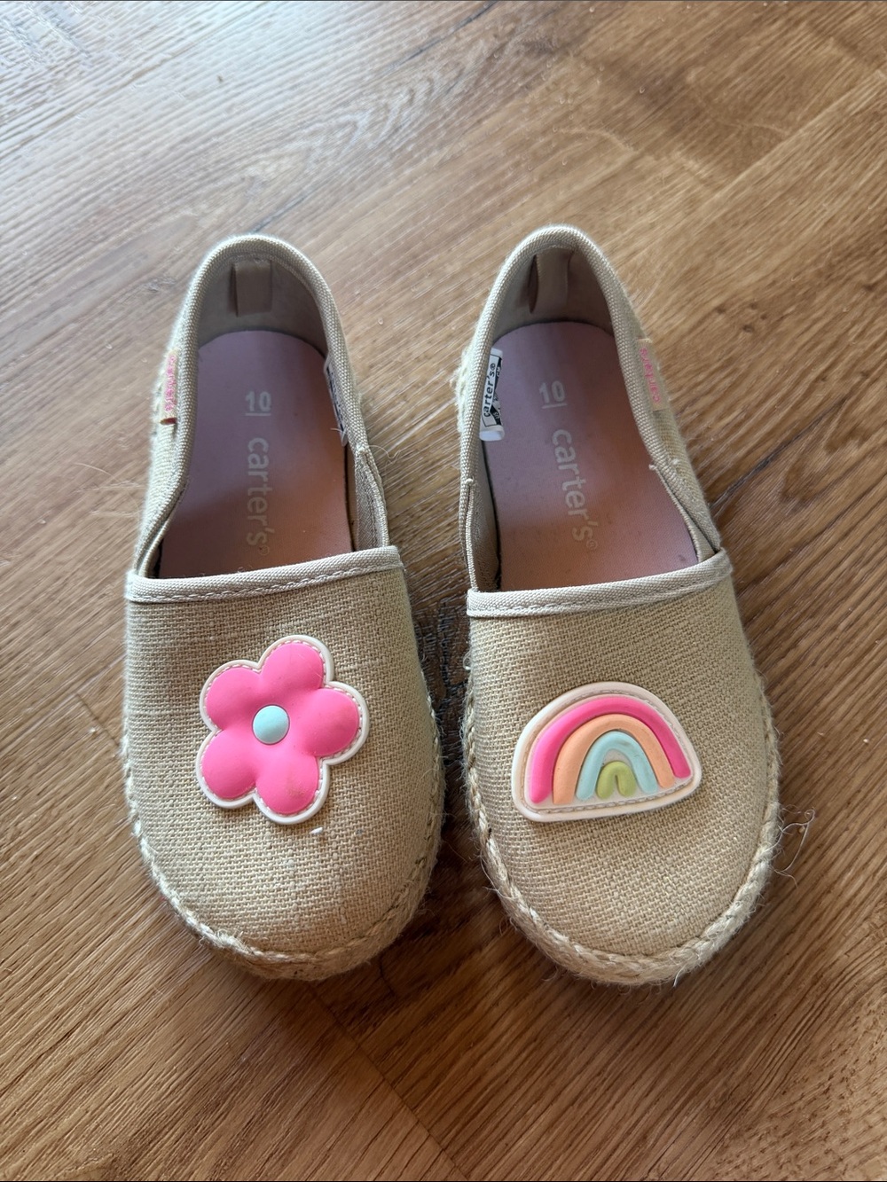 New! Carter's Beige Canvas Slip-Ons with Pink Flower & Pastel Rainbow